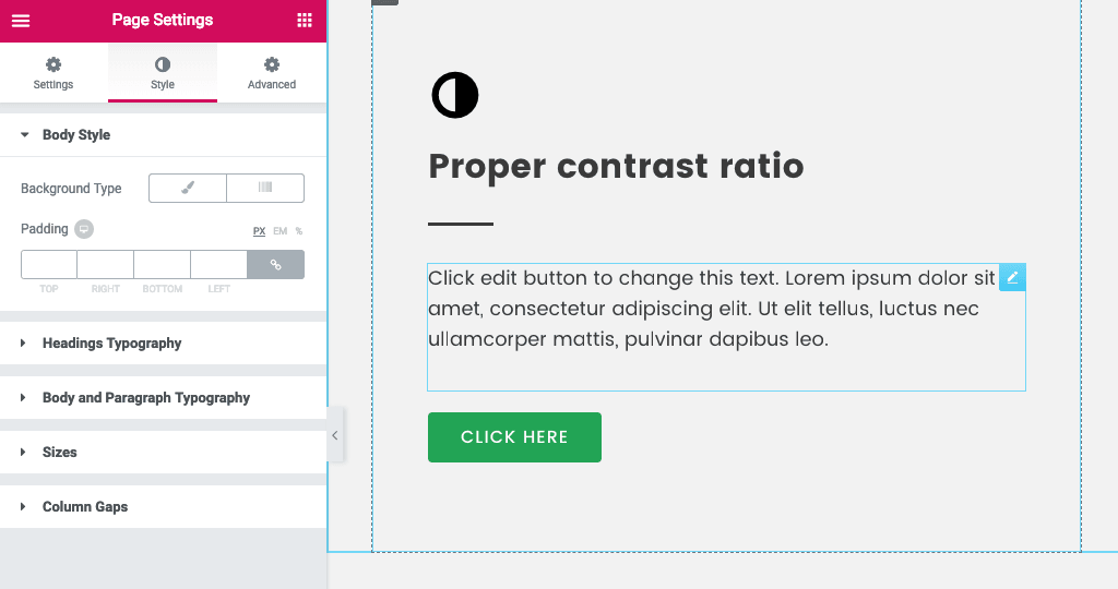 The Page Styles panel in the Elementor editor