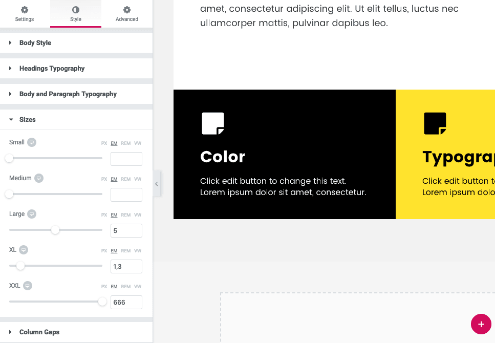 The Elementor Page Styles page showing the panel for typographic sizes