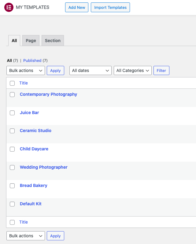 The Elementor Site Kits listed in the template library